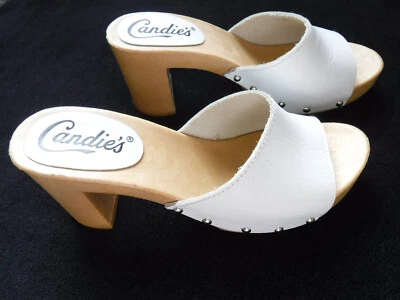 Vintage 80s NEW CANDIE'S Demi Heel 3" Sandal Slides WHT. Leather w/Studs ITALY 8 - Image 1 of 4