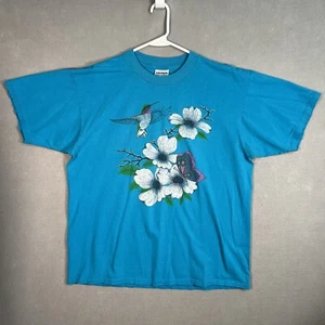 Vintage 90s Hummingbird Flower Butterfly Floral T Shirt Adult XL Blue Mens - Picture 1 of 7