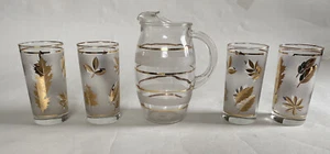 Antikes Glas Eis Tee Krug Set 5, hohe Gläser, geätzt, goldene Blätter, Streifen - Bild 1 von 9
