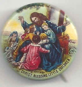 Vintage Jesus Bibel Vers Pin Sonntagsschule CHRISTUS SEGNUNG KLEINE KINDER - Bild 1 von 2