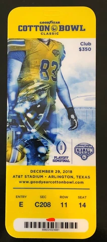 MINT 2018 COTTON BOWL PLASTIC CLUB LEVEL TICKET CLEMSON NOTRE DAME COLLECTIBLE Cover