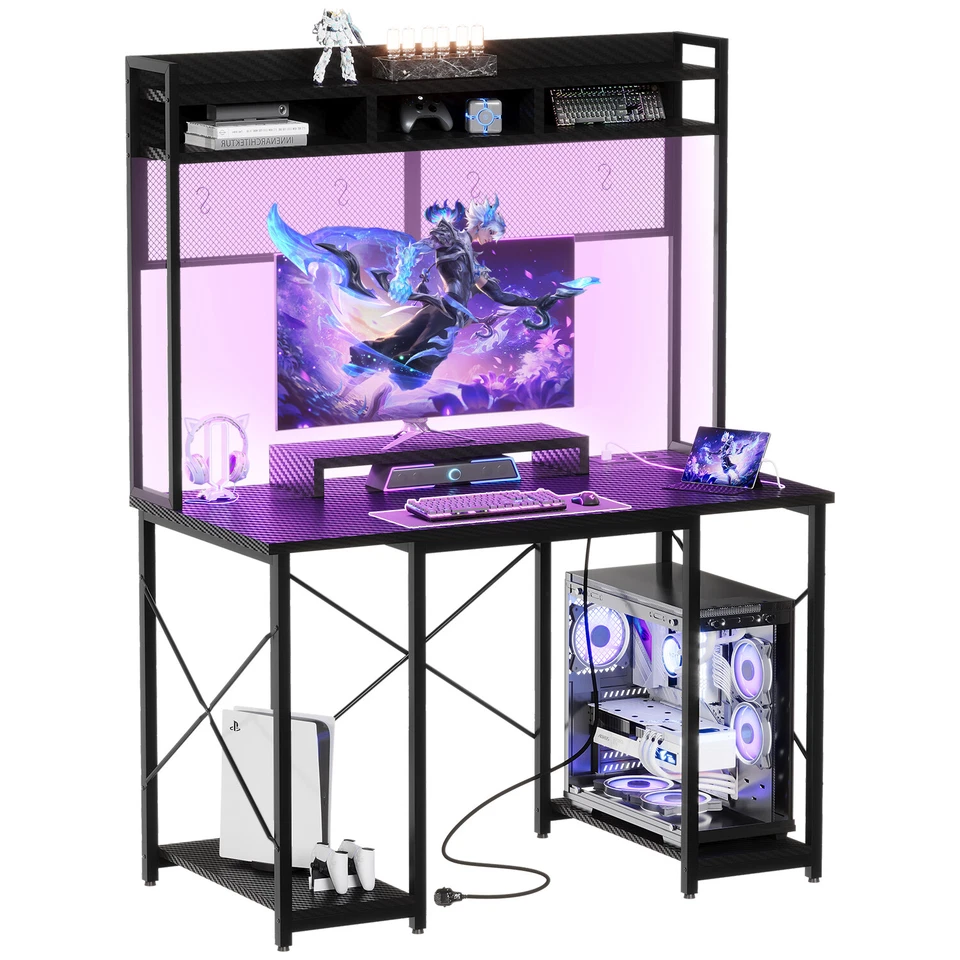 Gunji LED Computertisch mit umkehrbarem Regal PC Tisch Gaming Tisch 2 Steckdosen - Bild 1 von 1