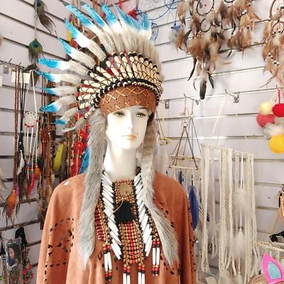 American Chief Indian Native Hat Headpiece Costume Accessory Artificial Feather - Image 1 of 4