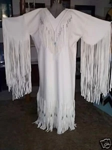Damen Weiß Leder Lange Fransen Perlen Brautkleid Powwow - Bild 1 von 13