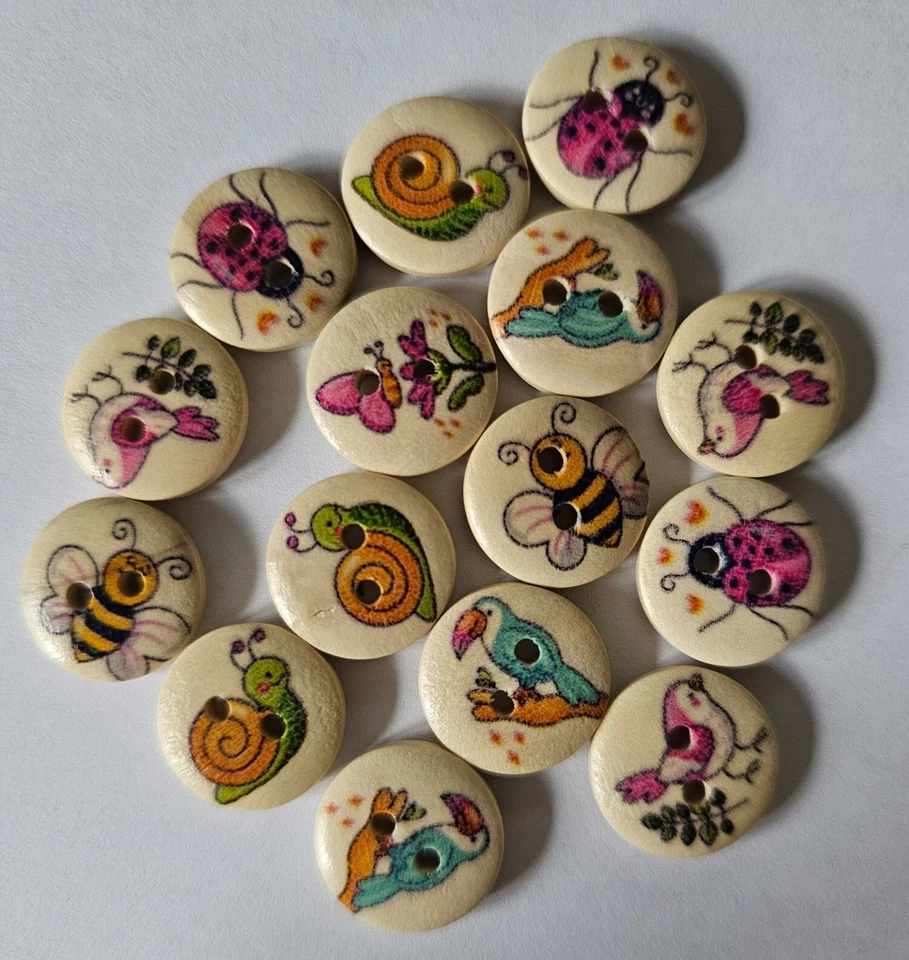15 Nature Themed Buttons Two Hole Round Wooden Size 15mm Bee, Bird etc - Image 1 of 1