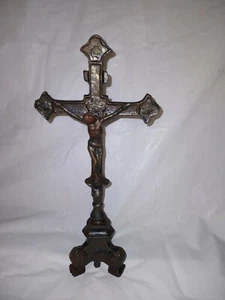 Antique Vintage Cast Iron Church Standing Crucifix Cross 12 3/4" Tall - Picture 1 of 12