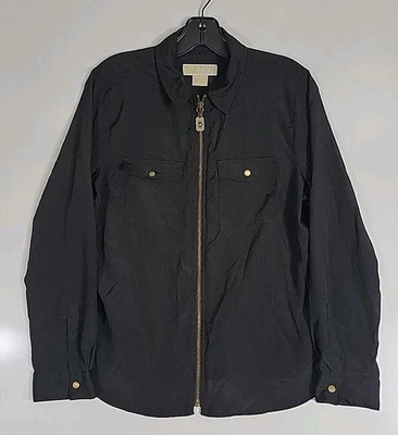 Blusa Michael Kors zíper completo manga longa camisa com bolsos frontais de pressão preta - Imagem 1 de 4