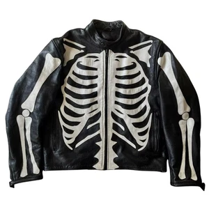 Men's Leather Jacket Motorcycle Skeleton Biker Genuine Cow Leather Jacket - Picture 1 of 5