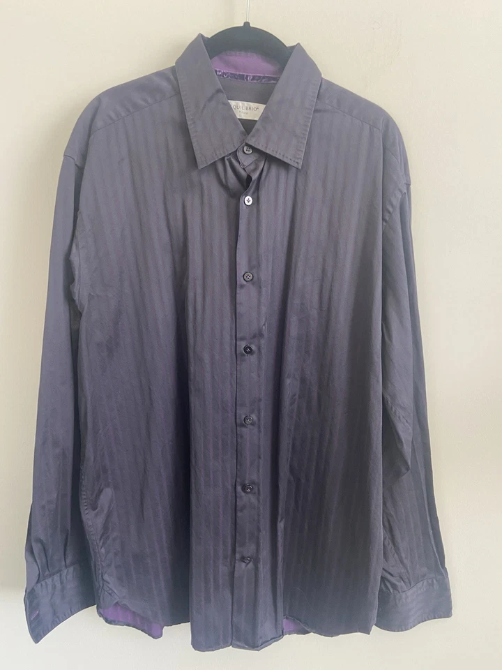 Equilibrio Púrpura Negro Rayas Botón Manga Larga Hombre Camisa Talla XL Foto 1 de 4