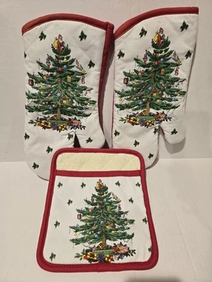 Spode Árbol de Navidad Bache y Horno Guante Olla Soporte Juego de Cocina 3 Piezas / NUEVO Foto 1 de 2