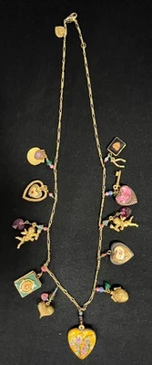 Lucy Isaacs Charm Necklace Hearts Lockets Cupid Enamel Victorian Style Signed - Image 1 of 4
