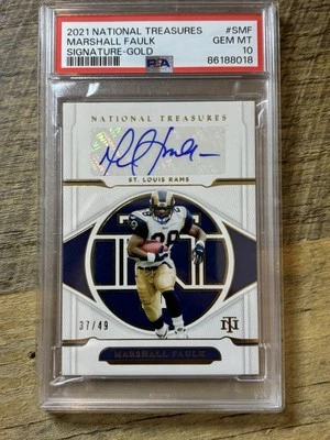 2021 Panini National Treasures Signatures Marshall Faulk #S-MF Gold /49 PSA 10 - Image 1 of 2