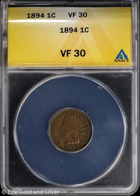 1894 1C Indian Head Cent ANACS VF 30 - Image 1 of 3