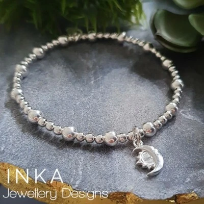 Pulsera elástica de apilamiento de plata esterlina 925 inca con amuleto de sol y luna Foto 1 de 4