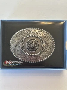 Vintage Nocona Men's Belt Buckle Engraved w/ Oil Derrick TEXAS New with tags - Picture 1 of 4
