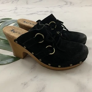 Korks Womens Woodley Clogs Size 9 Black Suede Lace Up Chunky Block Heel - Picture 1 of 10