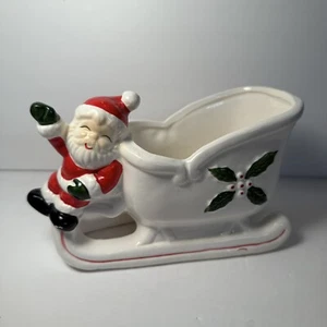 Vintage Ceramic Santa In Sleigh Christmas Candy Dish Planter - Picture 1 of 8