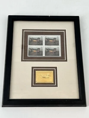 2001 Ducks Unlimited Stamps (4) $5, (1) gold replica, framed dbl matt - Image 1 of 4