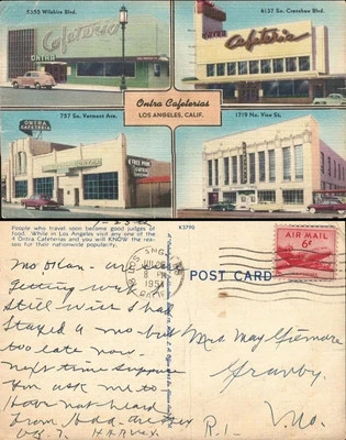 US Airmail Cover Los Angeles to Granby Missouri 1951 Ontra Restaurant Cafe PC - Image 1 of 3