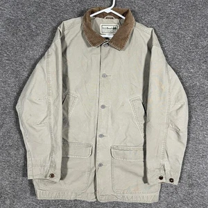 L.L.Bean Jacket Mens Medium Tan Barn Coat Canvas Corduroy Collar Flannel Lined - Picture 1 of 10
