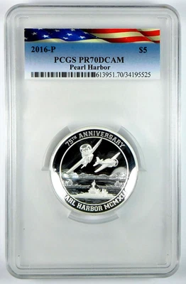 2016P $5 Tuvalu 75th Anni Pearl Harbor 5 Oz .9999 Silver Coin - PCGS PR 70 DCAM - Image 1 of 3