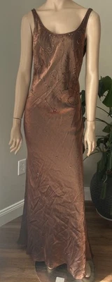 Vintage 80s 90s Slip Silky Maxi Bronze Gold Metallic Dress Beaded - Image 1 of 4