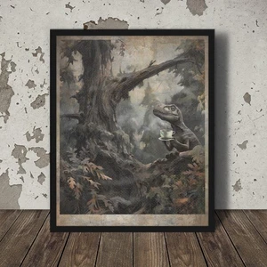 Vintage DINOSAUR COFFEE Wall Art, Retro T-Rex Jurassic Cafe Decor, Dino Poster - Picture 1 of 17