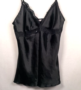 No Boundaries Tank Top M Lace Trim Black Satin Beaded Sequins Y2K Babydoll READ - Picture 1 of 17