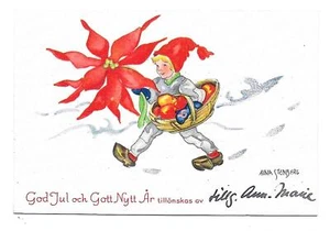 Aina Stenberg Swedish Artist sign1948 Seal Stjärnhof Gnome Flower Hellebore PC - Picture 1 of 1