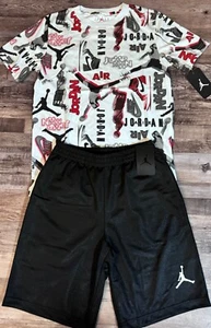 NWT Nike Jordan Boys YLG Black/White/Red Graphic Print Shorts Set Large - Picture 1 of 5