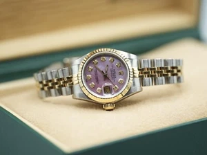 Ladies Steel & Gold Rolex Datejust 26mm 69173 Custom Pink MOP Diamond Dial - Picture 1 of 5