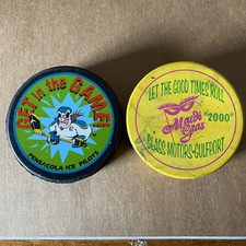 ECHL Pensacola Ice Pilots Hockey Puck Lot 2 Pucks Applebee's Mardi Gras