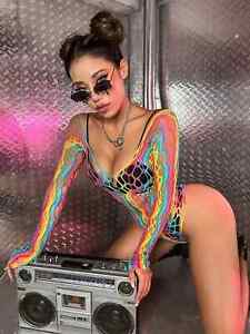 Sexy LGBT Pride Rainbow Striped Cut Out Mesh Teddy Bodysuit Without Lingerie