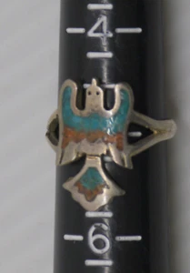 L - SOUTHWESTERN STERLING SILVER RING w THUNDERBIRD, TURQUOISE & CORAL INLAY - Picture 1 of 3
