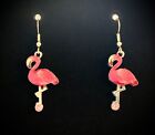 Silver Coloured Dangle Earrings, Dark Pink Enamel Flamingo Standing On Diamanté