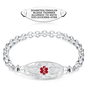 Divoti Custom Engraved Angel Wing Medical Alert ID Women Bracelet w/Elegant Rolo - Picture 1 of 13