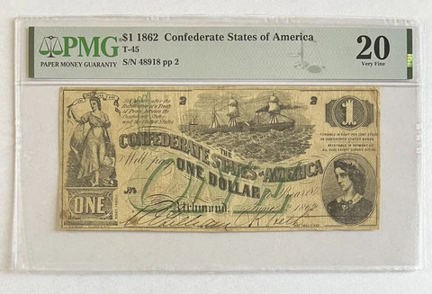 1862 Confederate States Of America T-45 PMG VF 20 S/N 48918 Cover