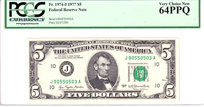 1977 $5 Federal Reserve Note Kansas City PCGS Very Choice New 64PPQ #J00550503A - Image 1 of 2