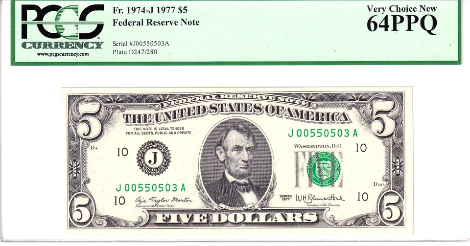 1977 $5 Federal Reserve Note Kansas City PCGS Very Choice New 64PPQ #J00550503A - Image 1 of 2