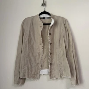 Saks Fifth Avenue Threads Beige Linen Jacket Mandarin Collar Fringed Edges Sz M - Picture 1 of 8