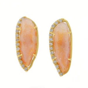 Yellow Gold Geode & Diamond Large Stud Earrings - 18k .40ctw Pierced - Picture 1 of 5
