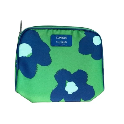 Bolso pequeño de maquillaje cosmético Clinique x Kate Spade azul y verde floral Foto 1 de 3