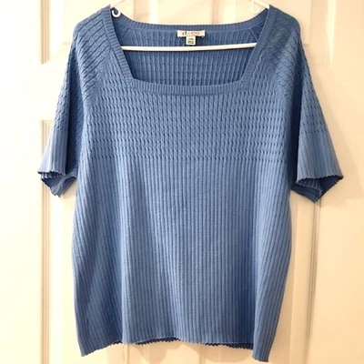 Denim & Co Blue Ribbed Knit Short Sleeve Sweater Women's Large - Image 1 of 4