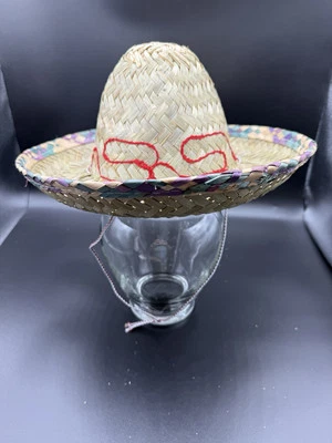Mexican Straw Sombrero Hat Party Costume Theatre 13” Red Decorative Stitching - Image 1 of 3