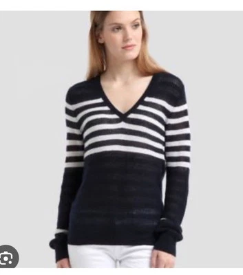 Suéter Christopher Fischer azul blanco a rayas cachemir para mujer talla pequeña suave Foto 1 de 4