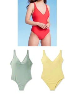 NEW Kona Sol Womens V-Neck High Leg One Pc Swimsuit red yellow or green sz S-XL - Picture 1 of 22