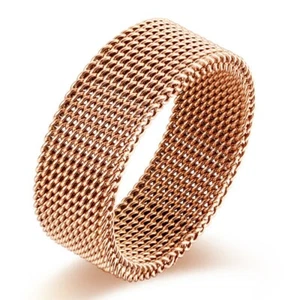 18K Rose Gold/Silver/Black Mesh Belt Band Men's Gift Titanium Steel Ring Sz 7-12 - Picture 1 of 12