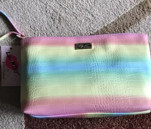 Betsey Johnson Pastel Rainbow Large Top Zipper Cosmetic Travel Case NWT - Picture 1 of 8