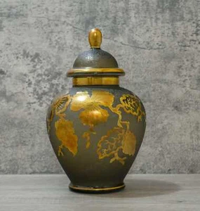Vintage Germany Made Etched Glass Ginger Jar Lidded Vase with Gilt Floral Design - Picture 1 of 10