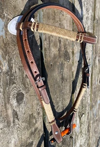 Riata med oil leather Western brow band headstall w/braided rawhide - Picture 1 of 3